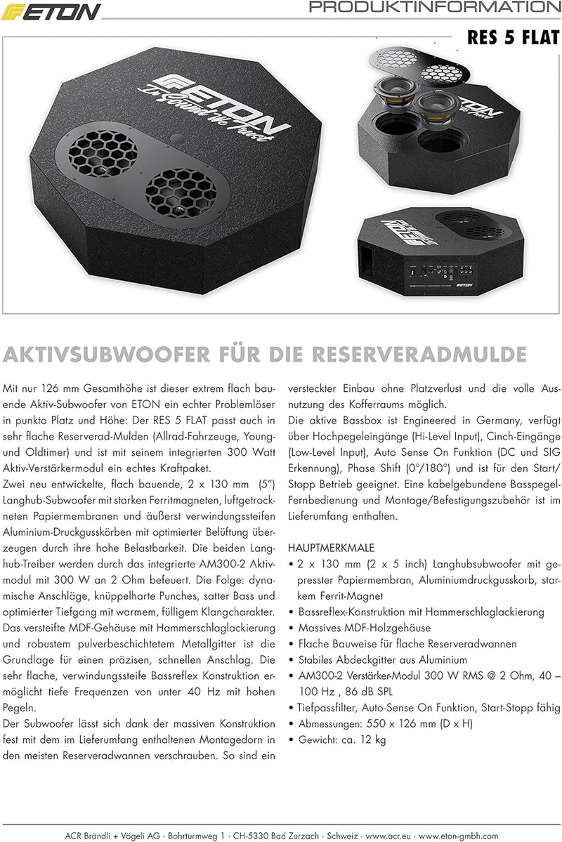 ETON Res 5 Flat: Flacher Aktiv-Subwoofer für die Reserverad-Mulde, Bassreflex Bassbox mit 2 x 5“ (2