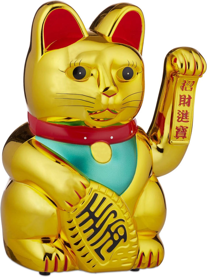 Relaxdays Winkekatze, Gold XXL Maneki Neko, batteriebetriebene winkende Pfote, Glücksbringer für Rei