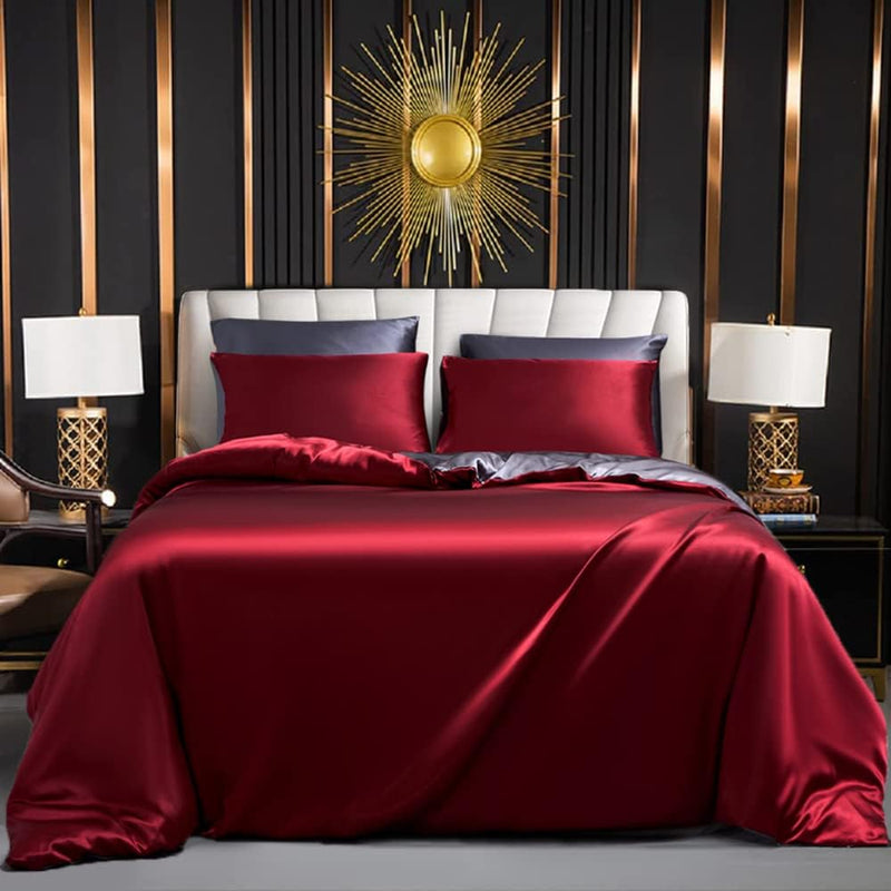 Luofanfei Satin Bettwäsche 135x200 cm 4teilig Weinrot Grau Glänzend Glanzsatin Bettwäsche Set Seide