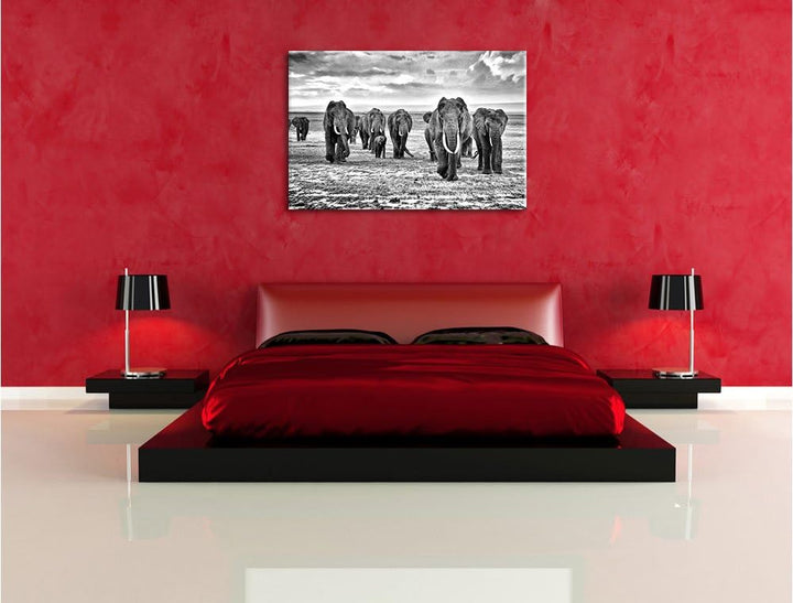 Pixxprint Elefanten Familie in der Savanne Kunst B&W, Format: 100x70 auf Leinwand, 100x70