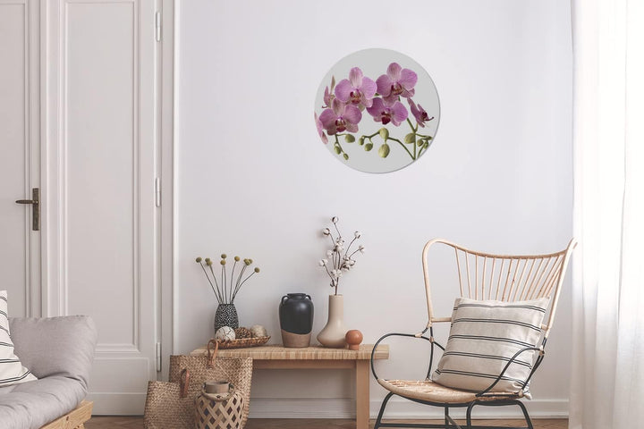 MuchoWow Wandbild Rund Wanddeko Deko Wohnzimmer Bilder 30x30 cm Orchideen auf grauem Hintergrund, 30