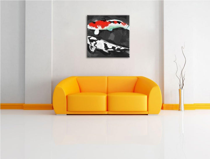 Gezeichnete Koi Karpfen, Format: 70x70 auf Leinwand, XXL riesige Bilder fertig gerahmt mit Keilrahme