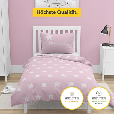 Dobnig Bettwäsche 135 x 200 Rosa Sterne - Baumwoll Bettwäsche Grau mit Sternen - Winter Bettwäsche S
