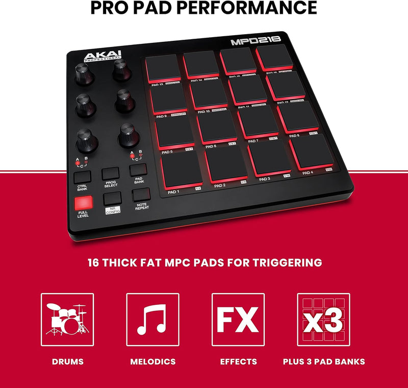 AKAI Professional MPD218 - MIDI Pad Controller, Drum Pad Machine, Beat Maker mit 16 Pads & AKAI Prof