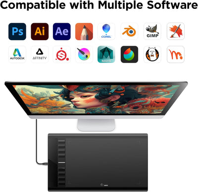 UGEE M708 Zeichentablett für PC, 10 x6 Zoll Grafiktablett ohne Display, 8192 Druckstufen, 266RPS OSU