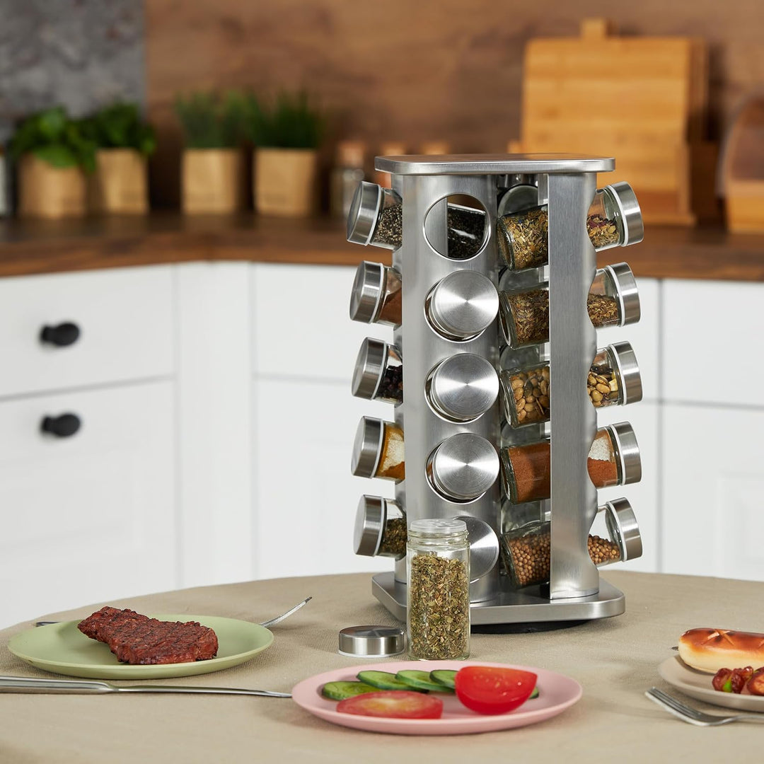 Relaxdays Gewürzkarussell, 20 Gewürzgläser, 40 Etiketten, 360° drehbar, Edelstahl, Glas, HBT: 33,5 x