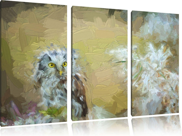 Pixxprint Kleiner Kauz auf AST / 3-Teilig/Gesamtmass 120cm Leinwandbild bespannt auf Holzrahmen/Wand