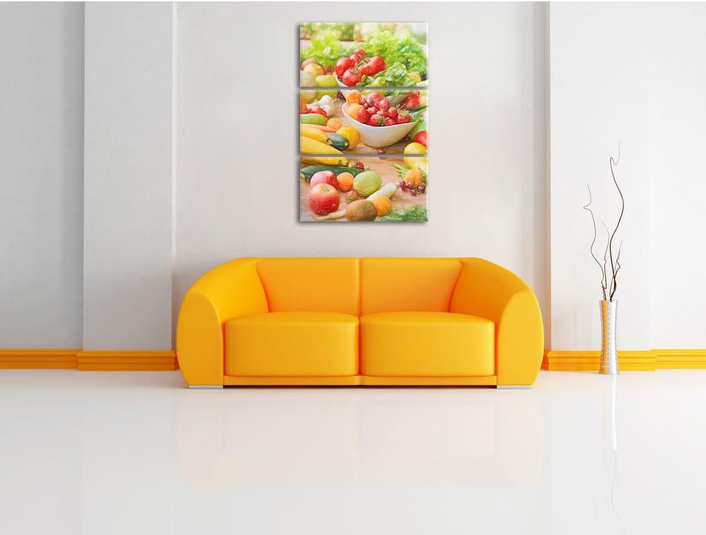 Pixxprint Buntes Obst und Gemüse Bunstift Effekt 3-Teiler Leinwandbild 120x80 Bild auf Leinwand