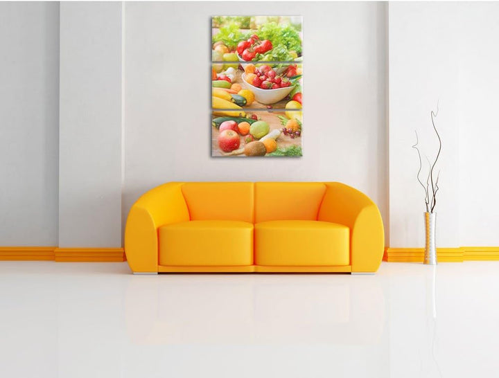 Pixxprint Buntes Obst und Gemüse Bunstift Effekt 3-Teiler Leinwandbild 120x80 Bild auf Leinwand