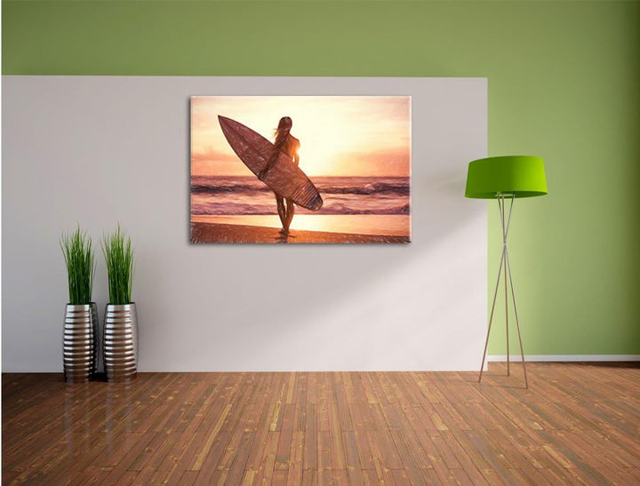 Pixxprint Surferin vor Sonnenuntergang als Leinwandbild/Grösse: 100x70 cm/Wandbild/Kunstdruck/fertig
