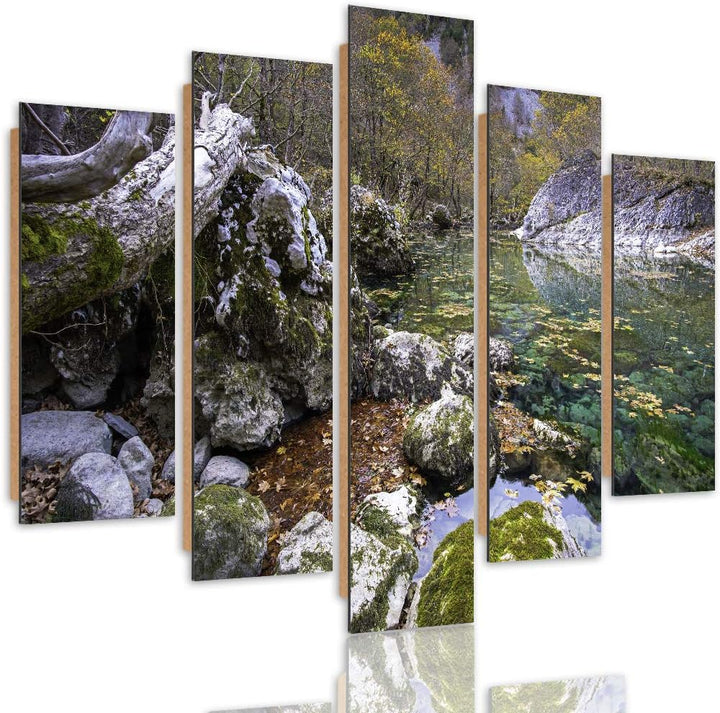 Bilder Modern Landschaft 5 Teilig Design Art Fluss Wald Steine bunt 100x70 cm Deco panel 100x70 cm H