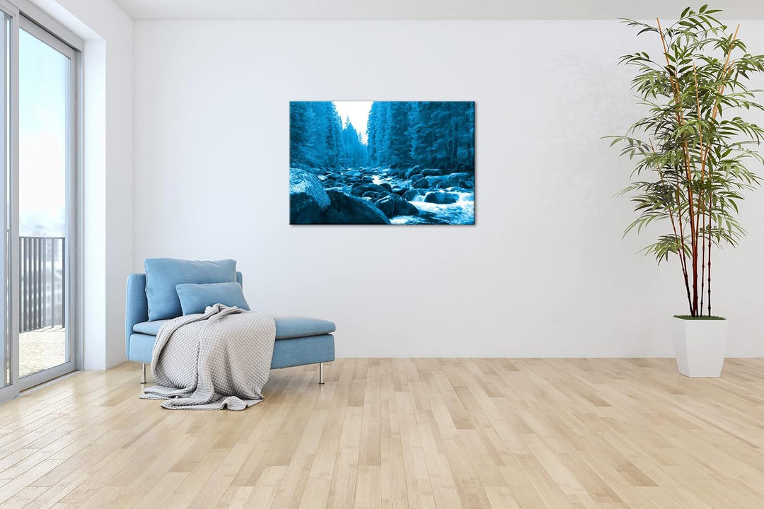 deyoli idyllischer Fluss im Wald Format 80x60 Effekt: Monocrome Blau als Leinwandbild, Motiv fertig
