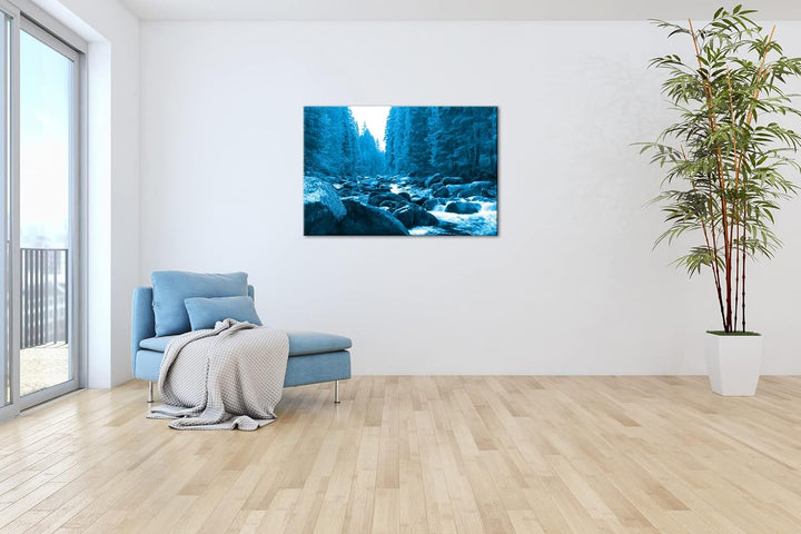 deyoli idyllischer Fluss im Wald Format 80x60 Effekt: Monocrome Blau als Leinwandbild, Motiv fertig