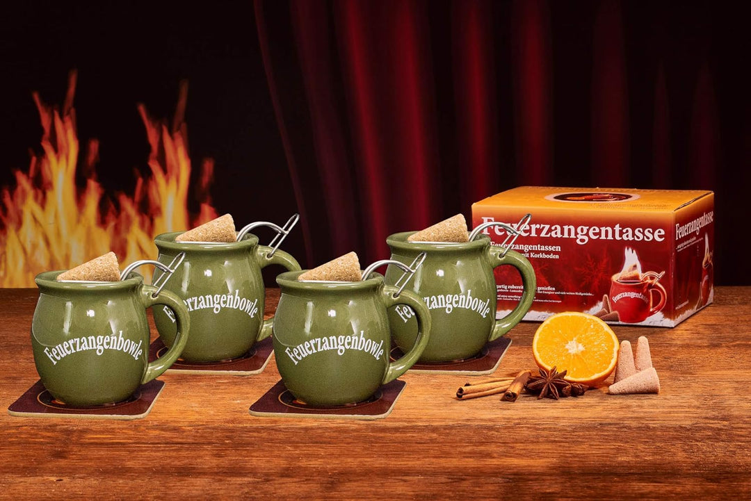 Feuerzangentasse 4er-Set, mit Rum (100ml) + ZimtZuckerHütchen (20er), Oliv - für Feuerzangenbowle, O