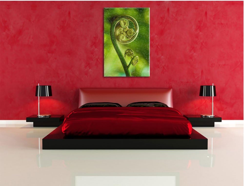 Pixxprint Lockiges Blatt von Einer Farne im Wald Kunst Buntstift Effekt, Format: 100x70 auf Leinwand