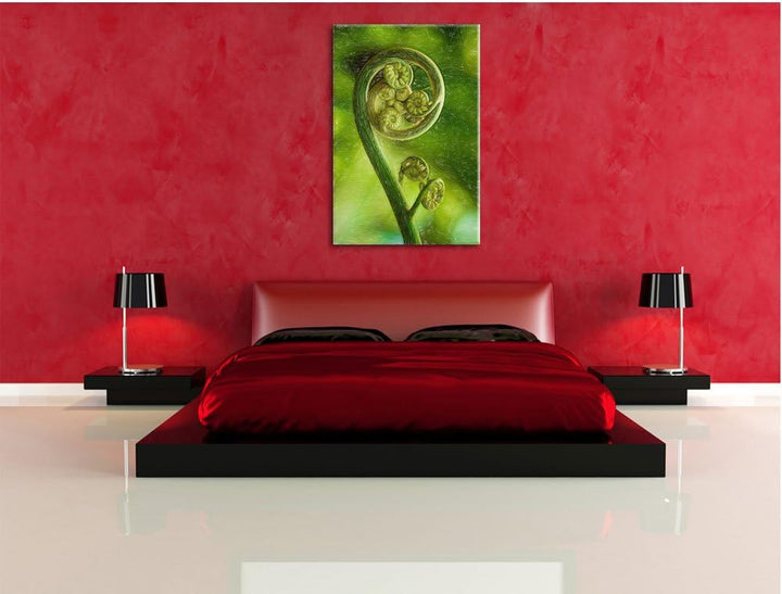 Pixxprint Lockiges Blatt von Einer Farne im Wald Kunst Buntstift Effekt, Format: 100x70 auf Leinwand