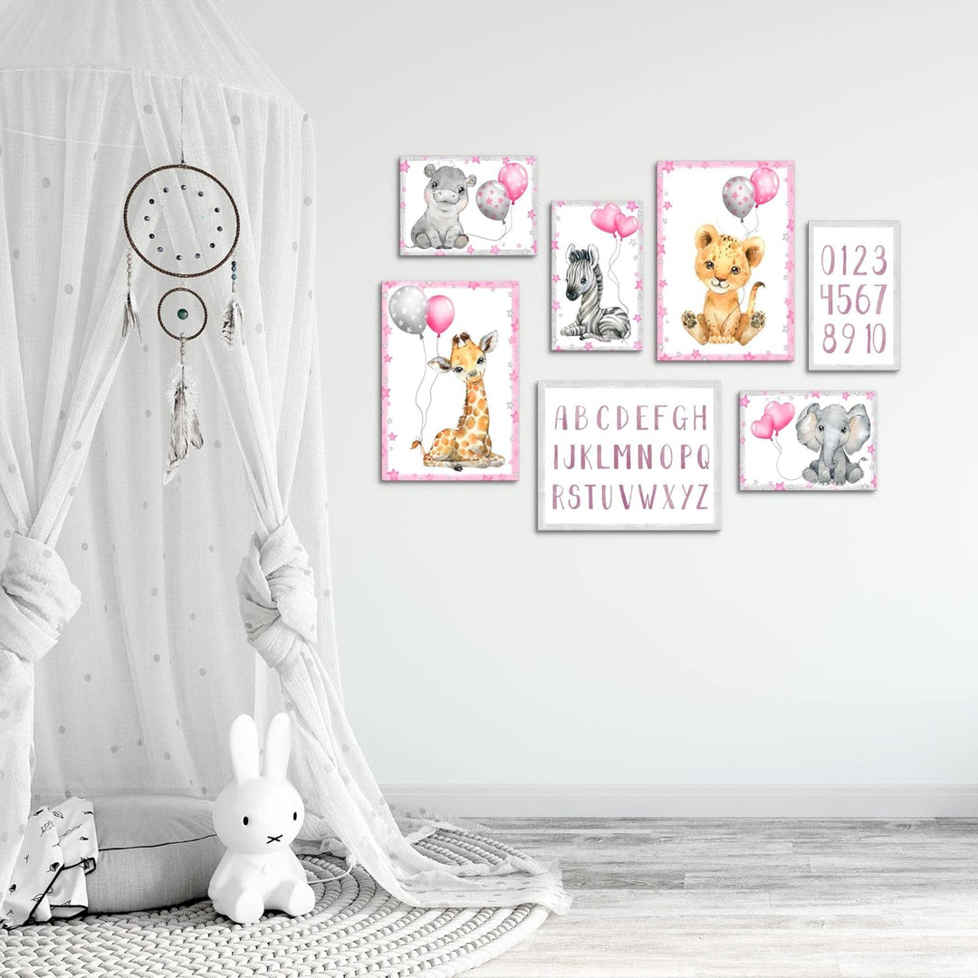Novart Wandbilder Tiere - KOMPLETT AUFHÄNGFERTIG - Afrika Rosa Kinderzimmer Mädchen- 7 Moderne Mood-