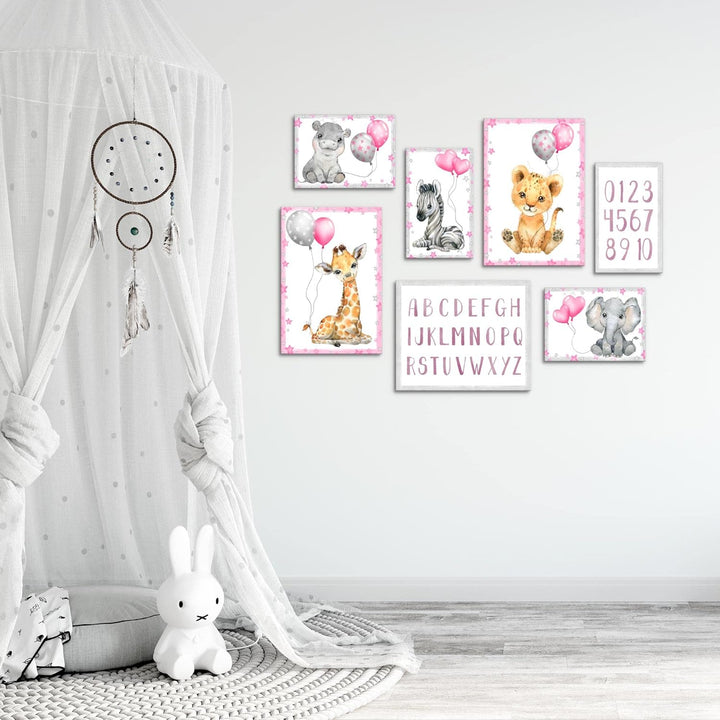 Novart Wandbilder Tiere - KOMPLETT AUFHÄNGFERTIG - Afrika Rosa Kinderzimmer Mädchen- 7 Moderne Mood-