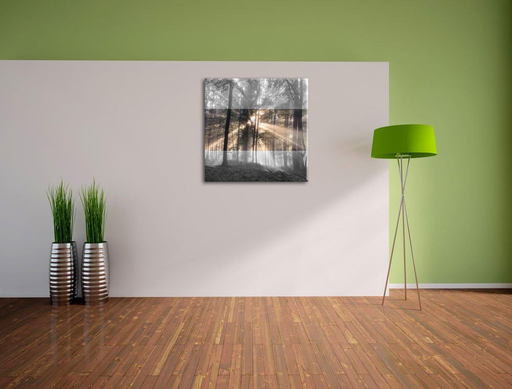 Pixxprint Herbstwald im Nebel schwarz/weiss, Format: 70x70 auf Leinwand, 70x70