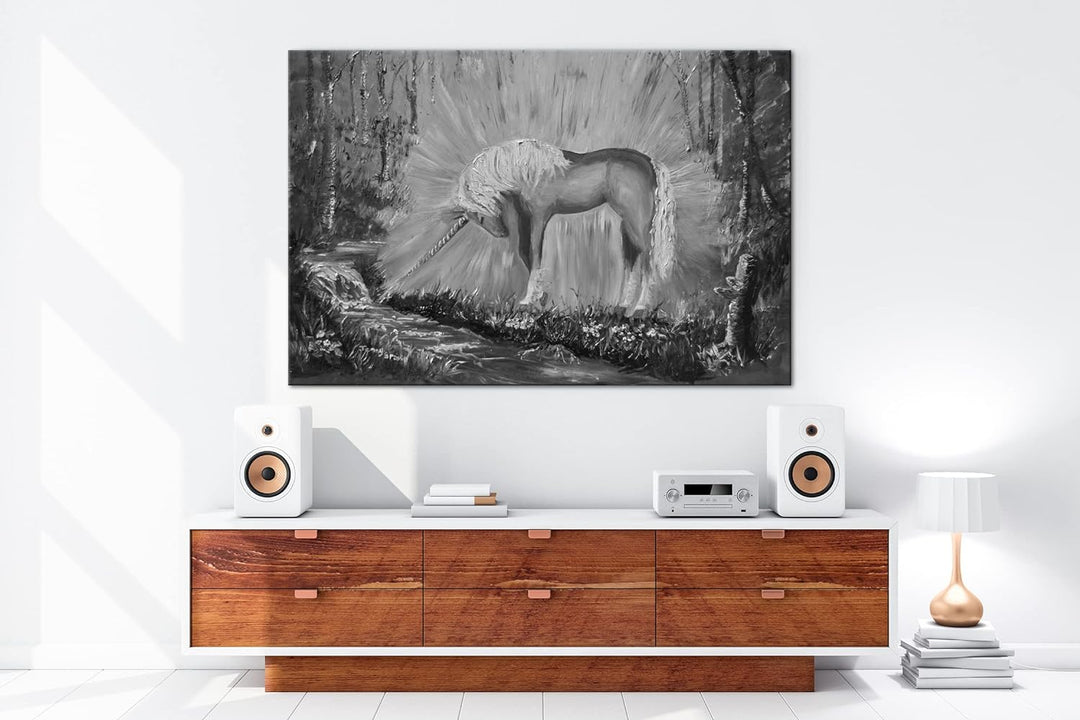 deyoli glänzendes Einhorn Format: 80x60 Effekt: Schwarz&Weiss als Leinwandbild, Motiv fertig gerahmt