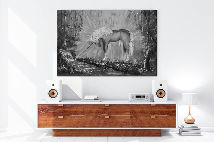 deyoli glänzendes Einhorn Format: 80x60 Effekt: Schwarz&Weiss als Leinwandbild, Motiv fertig gerahmt