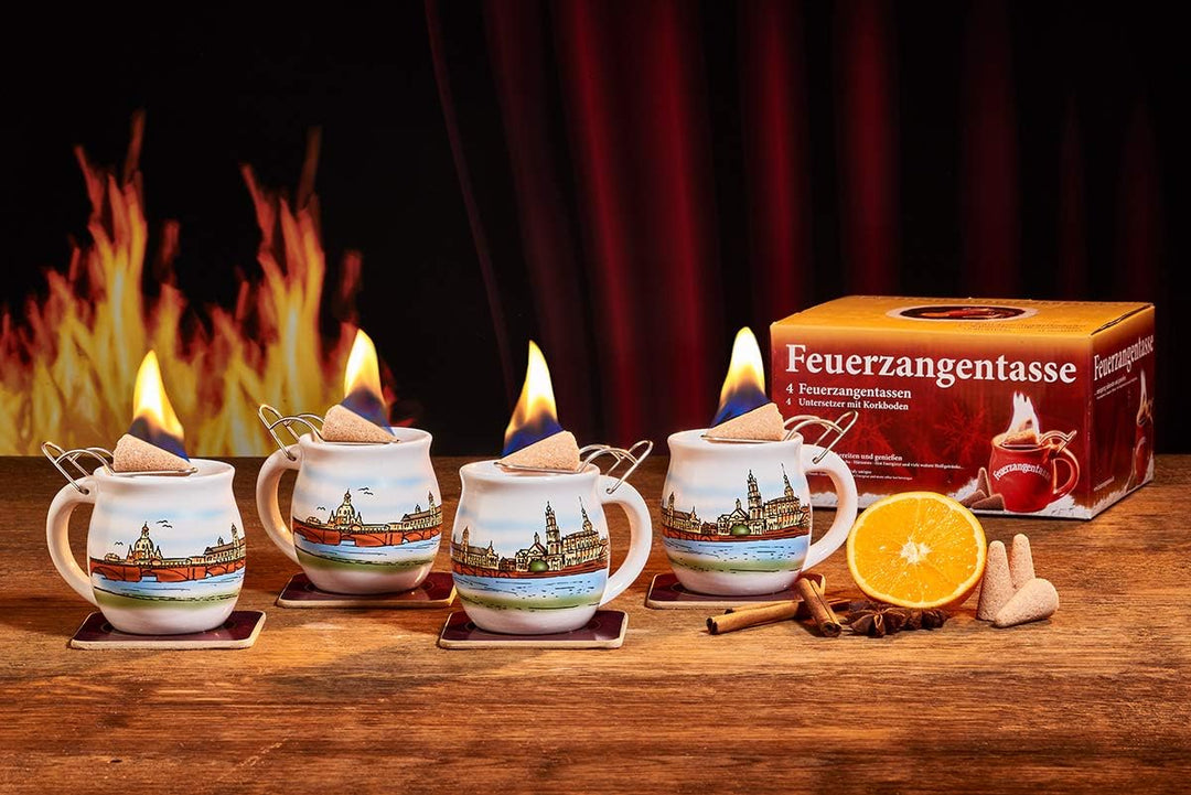Feuerzangentasse 4er-Set, mit Rum (100ml) + ZimtZuckerHütchen (20er), Weiss/Dresden - für Feuerzange