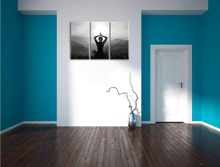 Pixxprint Yoga und Meditation in den Bergen Kunst Kohle Effekt 3-Teiler Leinwandbild 120x80 Bild auf