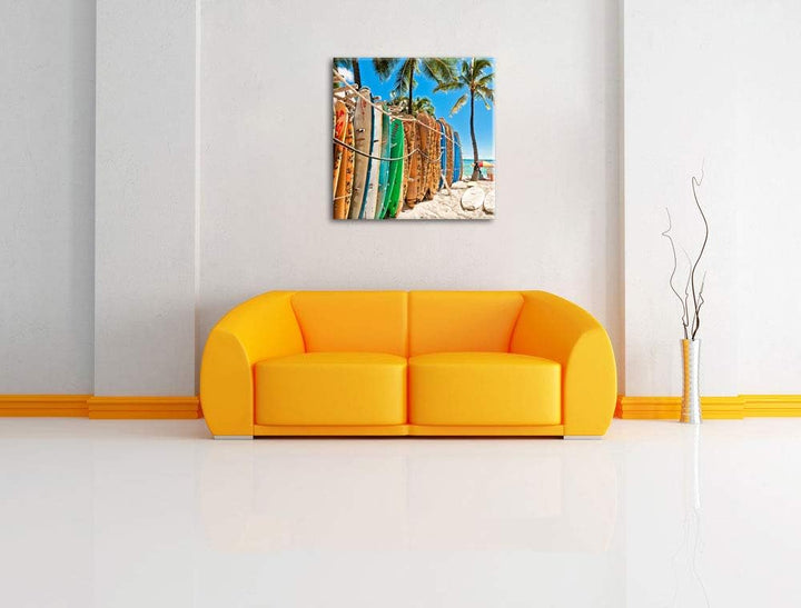 Surfboards am Strand, Format: 70x70 auf Leinwand, XXL riesige Bilder fertig gerahmt mit Keilrahmen,