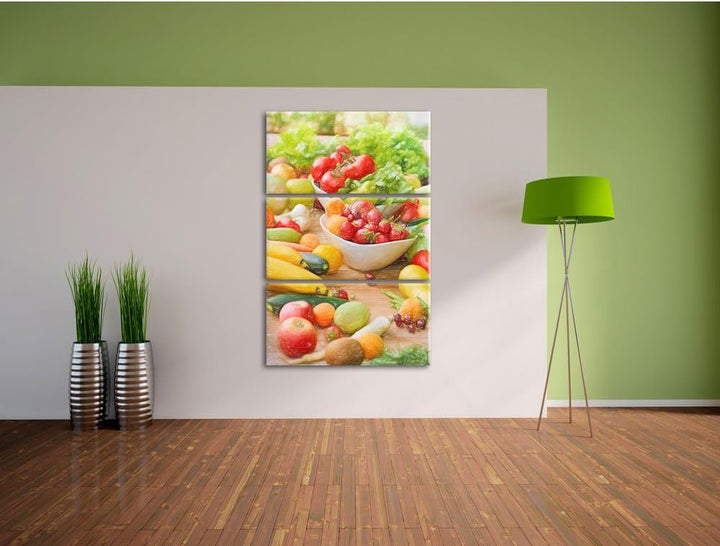 Pixxprint Buntes Obst und Gemüse Bunstift Effekt 3-Teiler Leinwandbild 120x80 Bild auf Leinwand