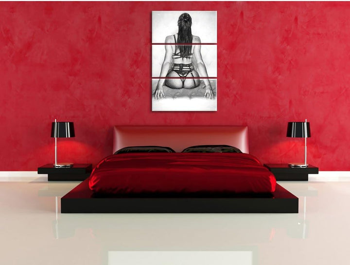 Pixxprint Brünette Frau in sexy Dessous Kunst Kohle Effekt 3-Teiler Leinwandbild 120x80 Bild auf Lei