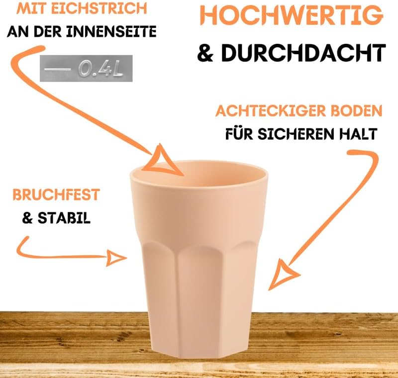 ENGELLAND - 20 x Plastikbecher, Trinkbecher, Apricot, Pastellfarben, 400 ml, Eichstrich, bruchfest,