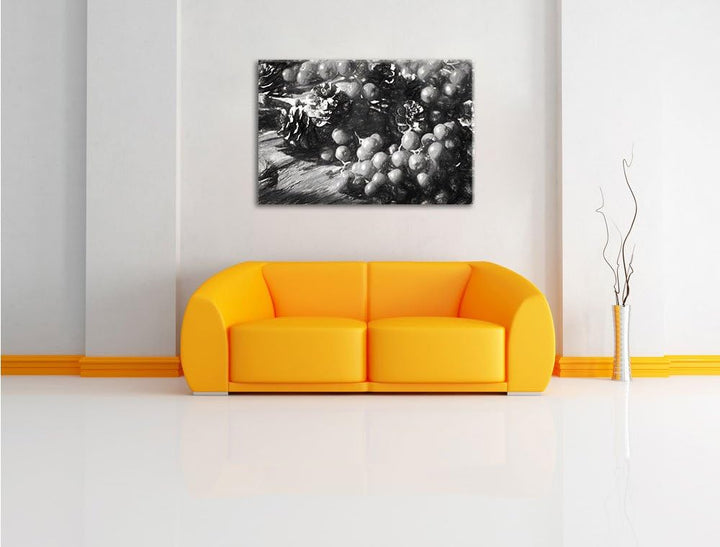 Pixxprint Vogelbeeren und Tannenzapfen Kunst als Leinwandbild/Grösse: 100x70 / Wandbild/Kunstdruck/f