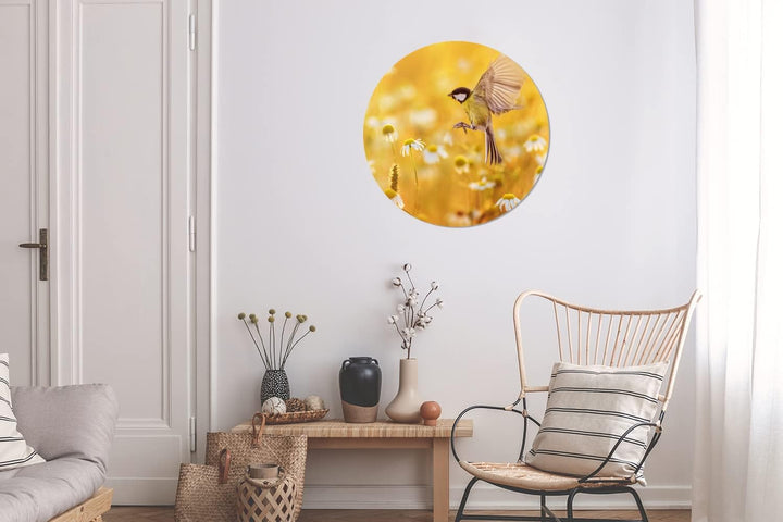 MuchoWow Wandbild Rund Wanddeko Deko Wohnzimmer Bilder 60x60 cm Vogel - Kohlmeise - Blumen - Gänsebl