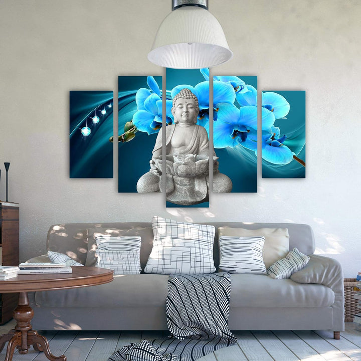 Feeby Bilder Buddha 200x100 cm Leinwandbild 5 Teilig XXL Kunstdruck modern Blumen blau Leinwandbild