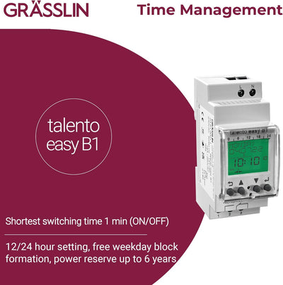 GRÄSSLIN 03.61.0001.1 talento Easy B1 – Digitale Zeitschaltuhr mit Jahresprogramm I 1-Kanal I 50 Spe
