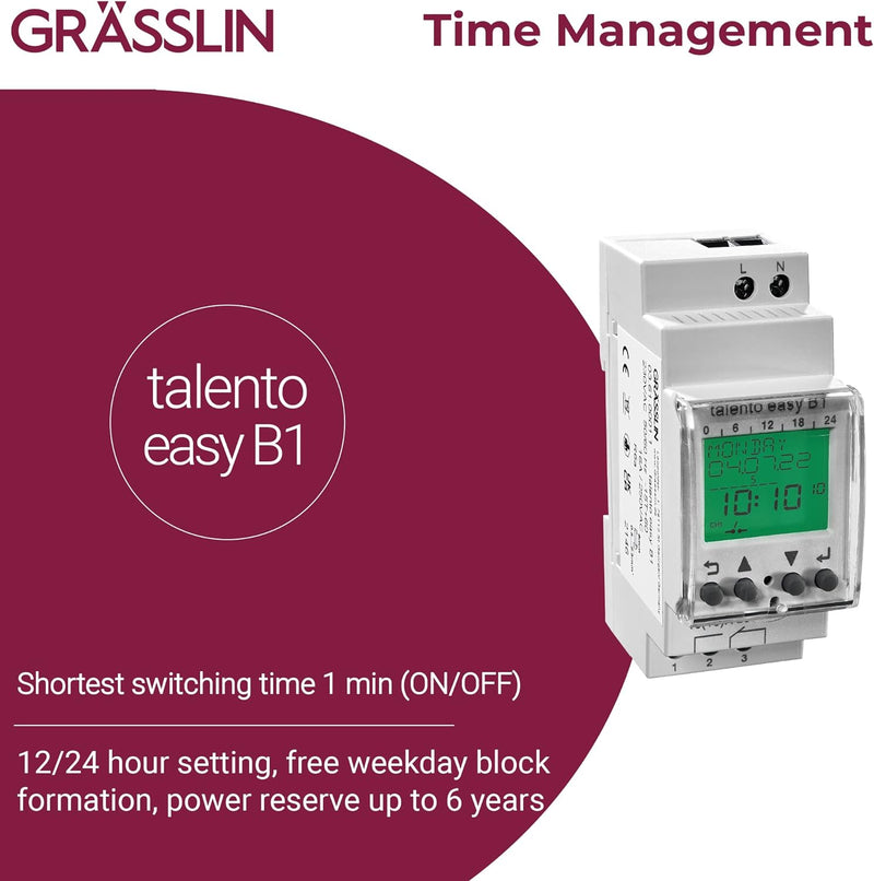 GRÄSSLIN 03.61.0001.1 talento Easy B1 – Digitale Zeitschaltuhr mit Jahresprogramm I 1-Kanal I 50 Spe