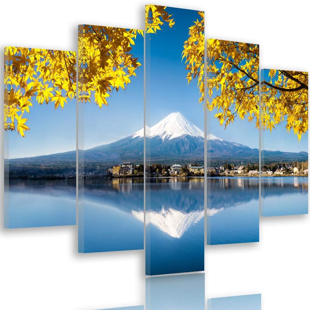 Feeby Bilder Berg 100x70 cm - Leinwandbild - 5 Teilig - Kunstdruck See Blätter gelb Leinwandbild 100