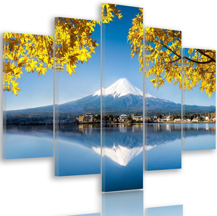 Feeby Bilder Berg 100x70 cm - Leinwandbild - 5 Teilig - Kunstdruck See Blätter gelb Leinwandbild 100