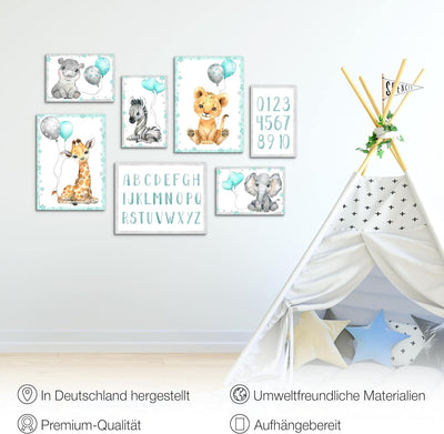 Novart Wandbilder Tiere - KOMPLETT AUFHÄNGFERTIG - Afrika Blau Kinderzimmer Mädchen Junge- 7 Moderne