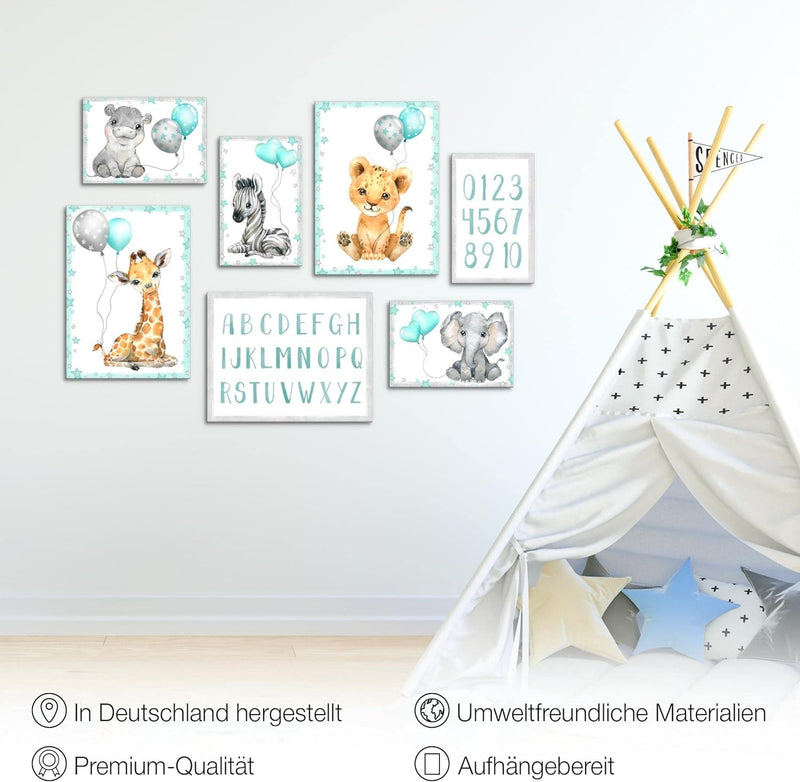 Novart Wandbilder Tiere - KOMPLETT AUFHÄNGFERTIG - Afrika Blau Kinderzimmer Mädchen Junge- 7 Moderne