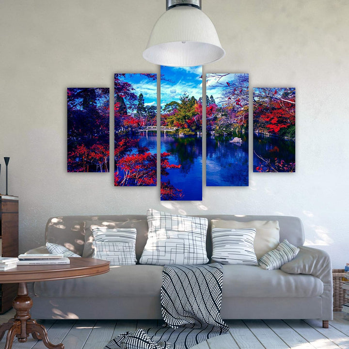 Feeby Bilder Rote Blumen 300x140 cm - Leinwandbild 5 Teilig XXL Kunstdruck Wasser blau Leinwandbild