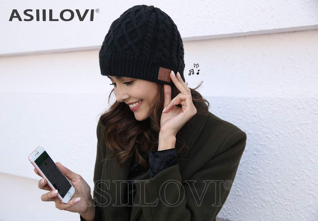 ASIILOVI Bluetooth-Mütze mit Bluetooth 5.0, kabellos, gestrickt, Wintermütze mit abnehmbarem integri