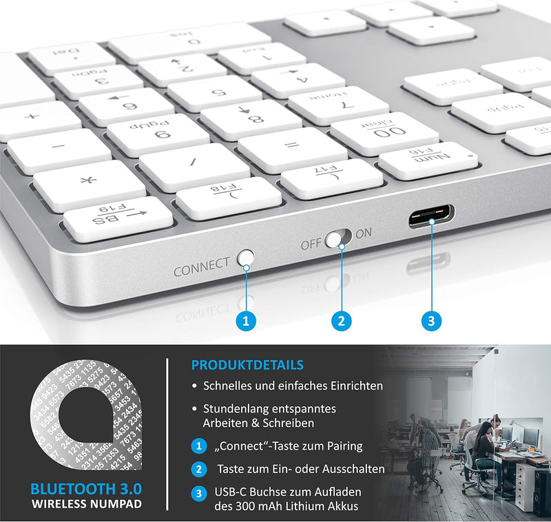 CSL - Bluetooth Numpad - Wireless Ziffernblock mit Multifunktionstasten – Keypad Aluminium - 35 Tast