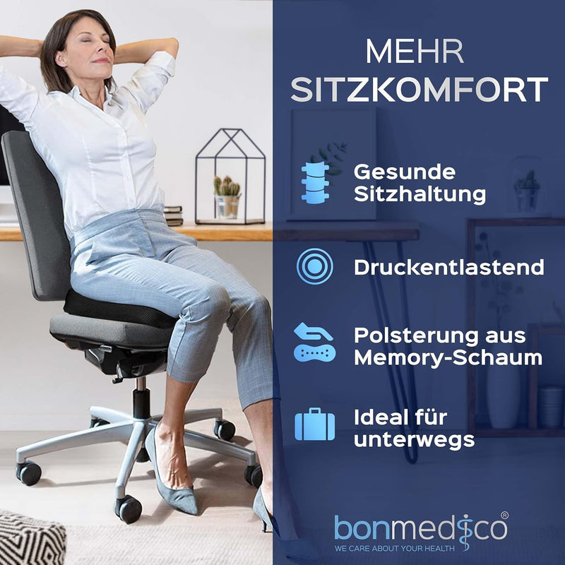 bonmedico Sitzkissen orthopädisch - Ergonomisches Memory Foam Kissen für Bürostuhl, Auto, Rollstuhlk