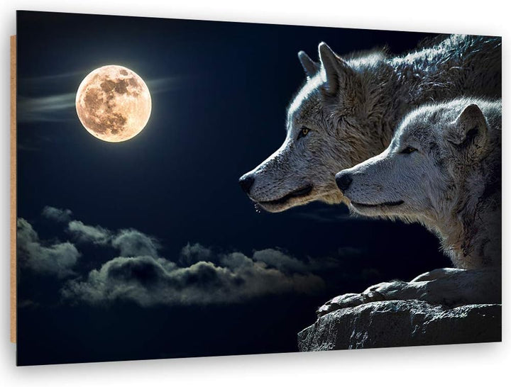 Feeby Wandbild XXL Wölfe Deko Kunst Bilder Mond Blau 120x80 cm Deko Paneel 120x80 cm Blau_a, Deko Pa