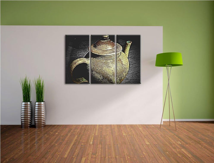 klassische alte Teekanne aus Keramik schwarz/weiss Spezial 3-Teiler Leinwandbild 120x80 Bild auf Lei