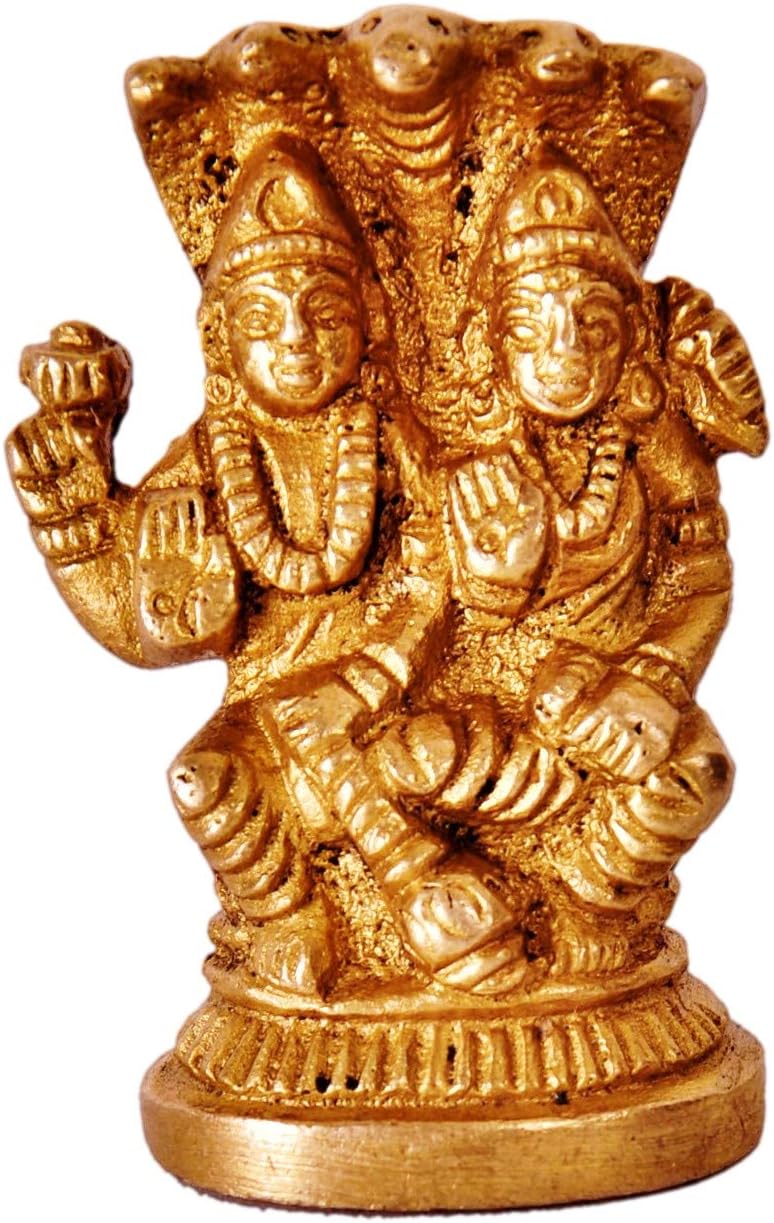 Purpledip Mini Idol Vishnu-Lakshmi (Laxminarayana): Solid Brass Metal Statue for Home Temple (11387)