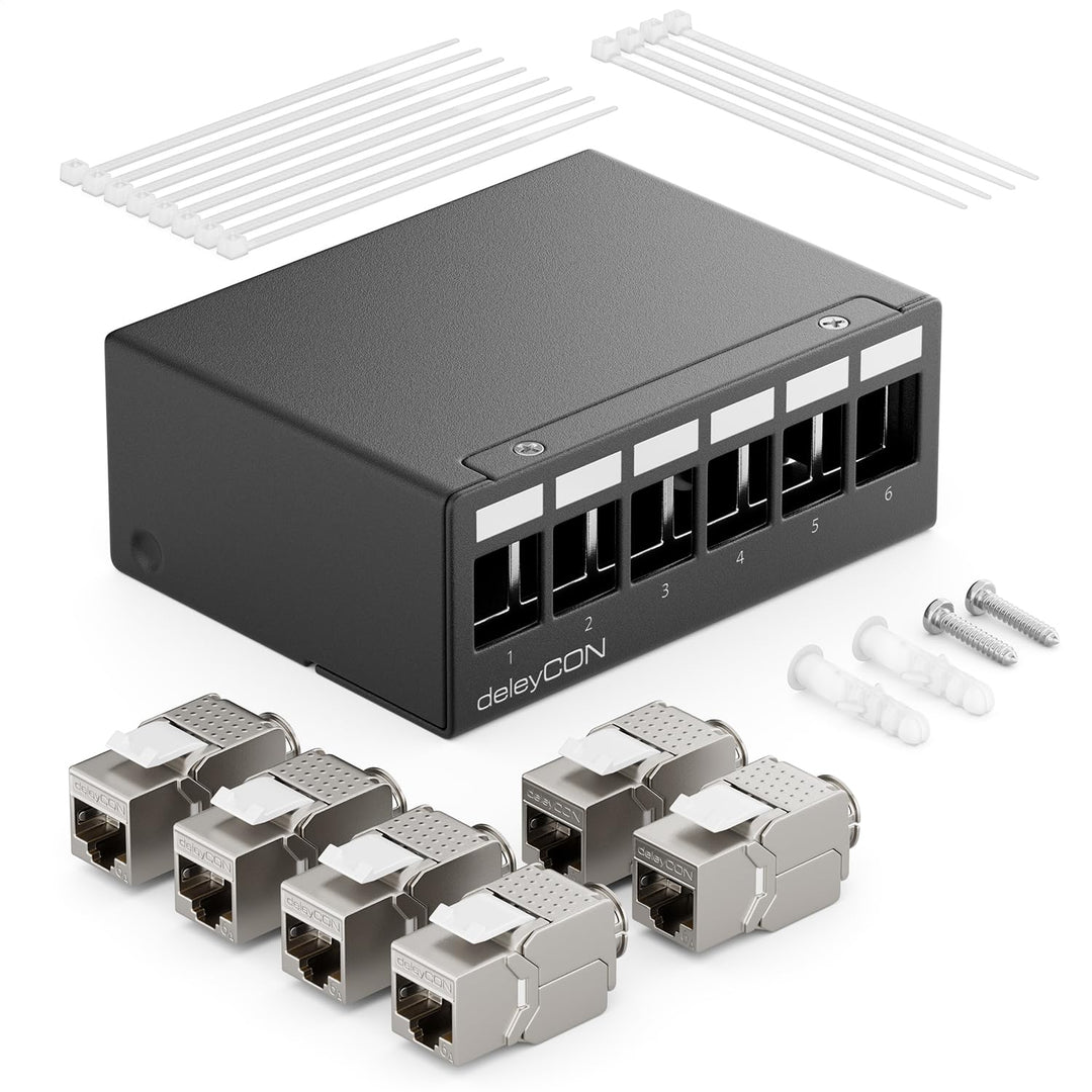 deleyCON 6 Port Patchpanel Set Patchfeld Verteilerfeld 1 HE + 6x RJ45 Keystone Jack Modul STP CAT6a