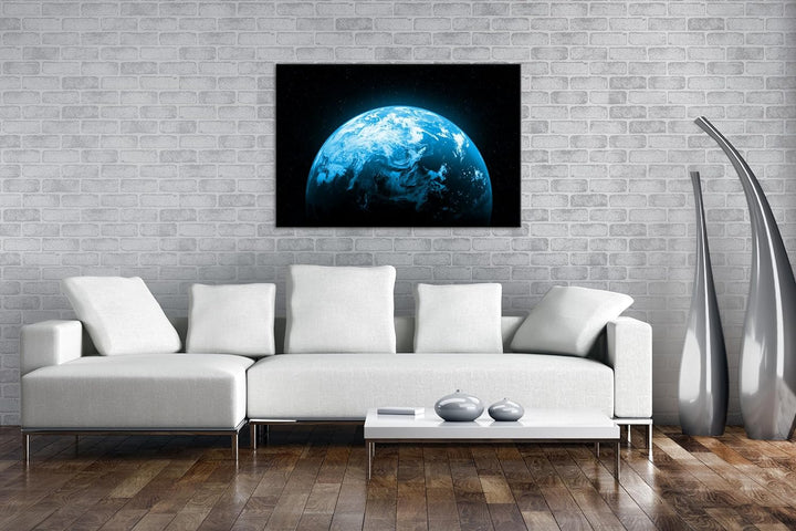 Planet Erde Format: 80x60 cm Effekt: Monocrome Blau als Leinwandbild, Motiv fertig gerahmt auf Echth