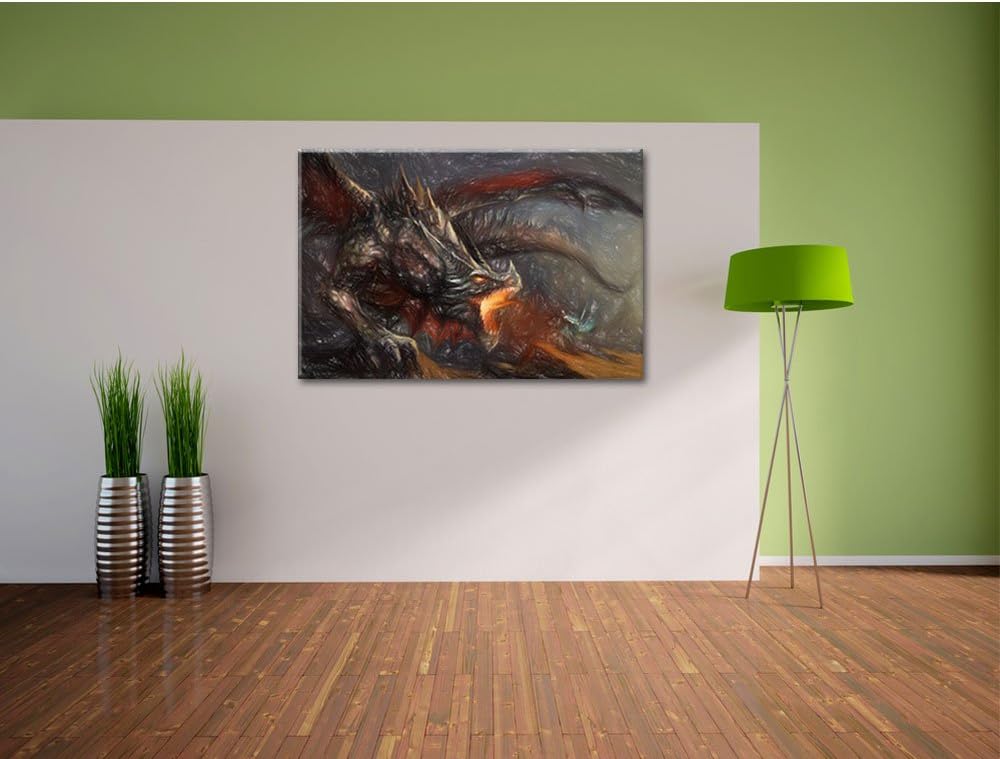 Pixxprint Kampf zwischen Mensch und Drache / 100x70cm Leinwandbild bespannt auf Holzrahmen/Wandbild